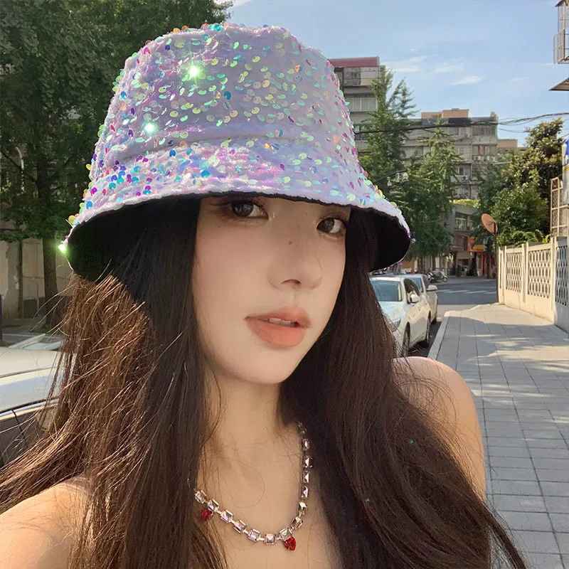

Summer New Net Red Fashion Every Sequin Fisherman Hat Female Big Head Basin Hat Spring and Autumn Simple Face Small Bucket Hat