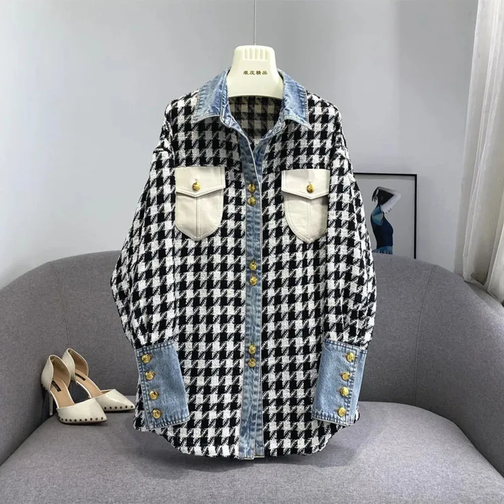 

Women Vintage Houndstooth Denim Jacket Coat Metal Buttons Korean Fashion Outerwear Long Sleeve Pockets Chic Female Tops 2023