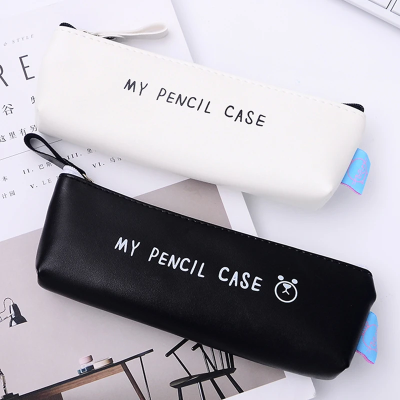 Estuche Kawaii de animados con forma estuche de lápices clásico de Color blanco y negro, resistente al agua, bolso de papelería escolar de cuero Pu|Estuches escolares| -