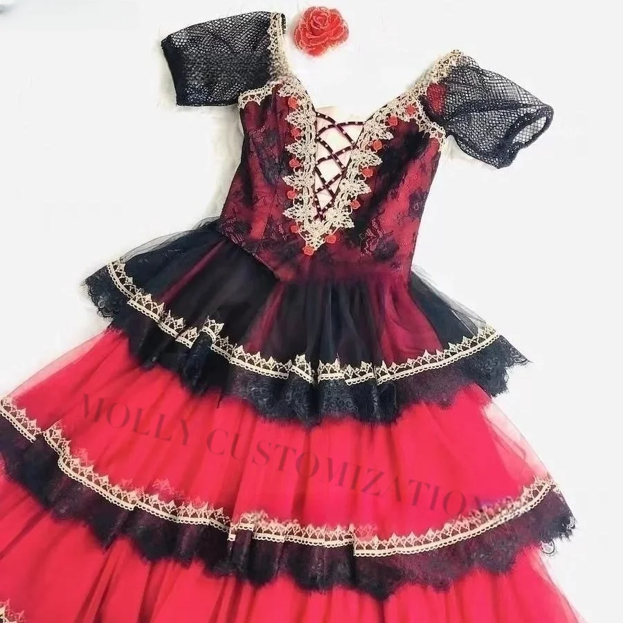 2024 Neue Don Quijote Variante Rot-Schwarzes Diamantbesetztes Dreischichtiges Romantisches Ballett Professionelles Aufführungs-Tüllkleid – Detail 8