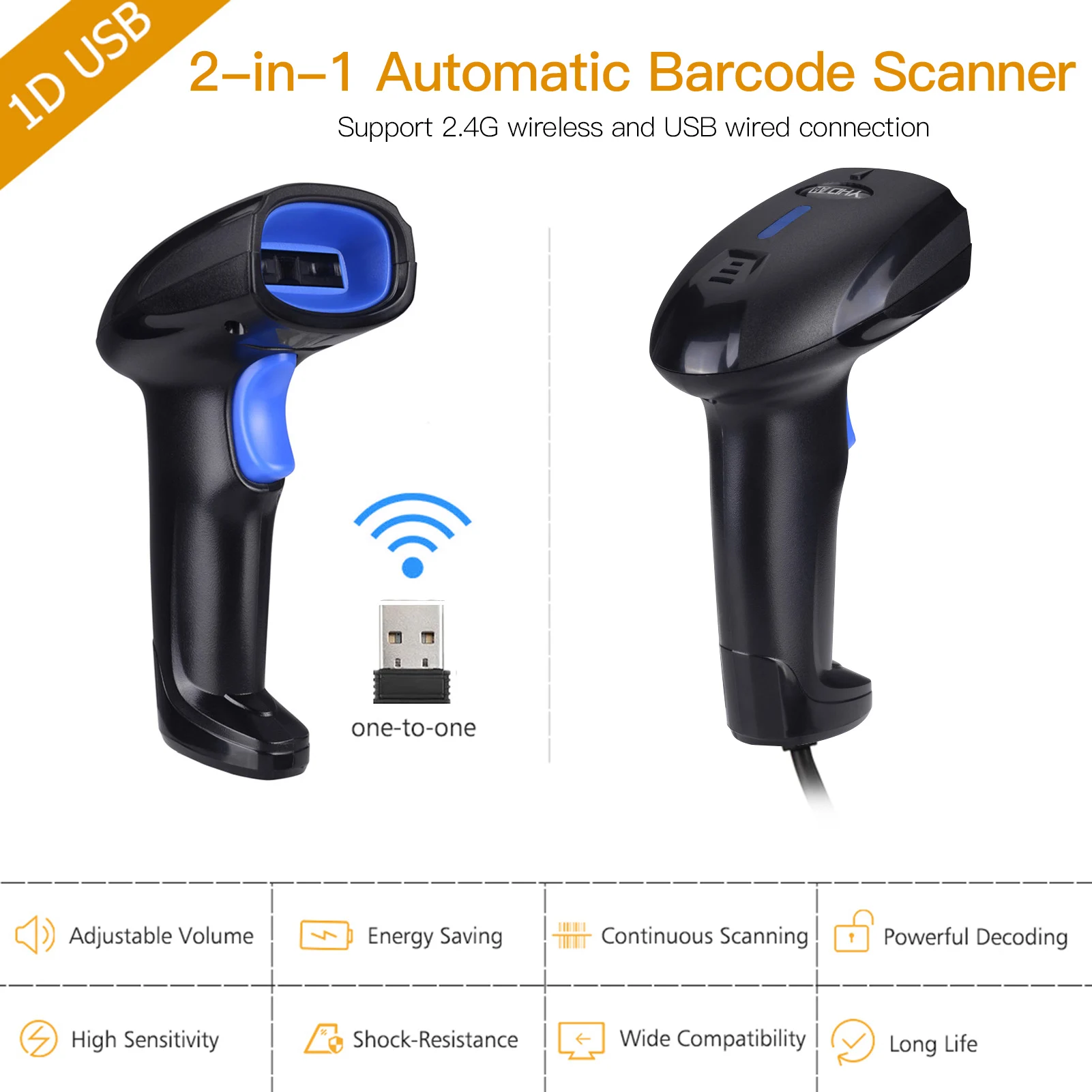 2.4G Wireless Barcode Scanner & USB Wired Barcode Scanner Automatic Handheld 1D Bar Code Reader w/ Rechargeable Battery