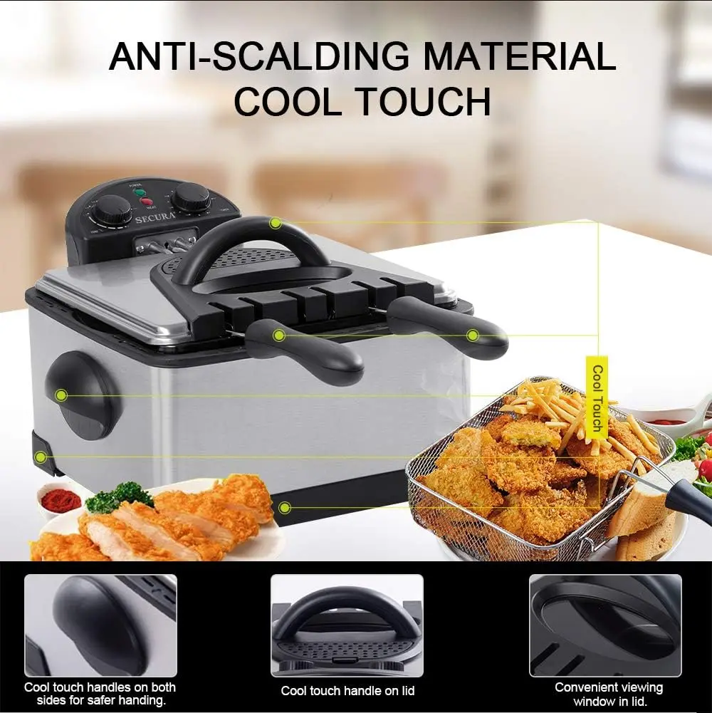 NEW 1700-Watt Stainless-Steel Triple Basket Electric Deep Fryer with Timer Free Extra Odor Filter, 4L/17-Cup,Silver