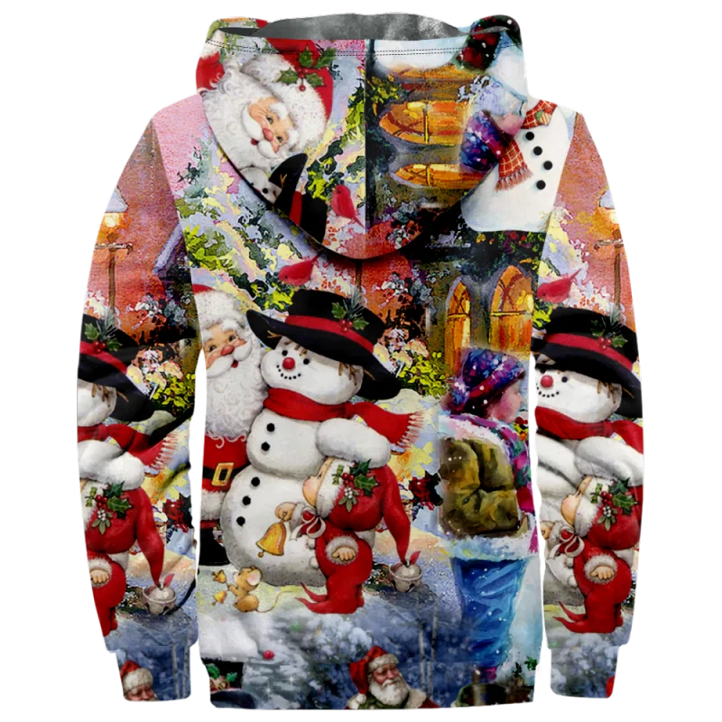Christmas Cotton Coat Hooded Sweater Casual Print Men's Fur Loop Arctic Velvet Zipper Patch Pocket Hooded Sweater a01