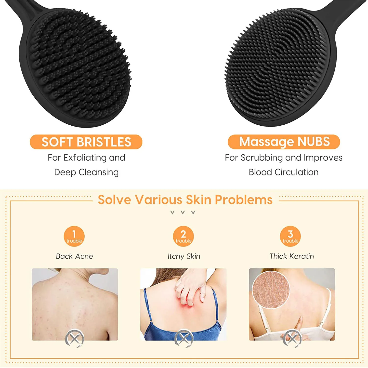 Silicone Back Scrubber for Shower, Bath Body Brush with Long Handle,Double Sided Shower Brush for Shower Exfoliating and Massage 2