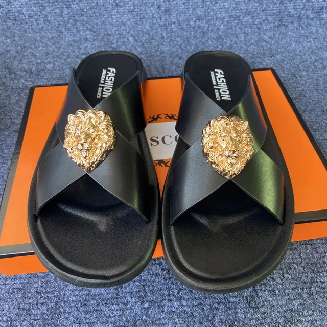 size38-48 original shoes brand summer leather slides for man black brown fashion shoes for mens slippers business beach slippers 1