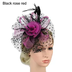 Elegant Mesh Flower Fascinator with Feather Accent for Weddings and Tea Parties (Black rose red)