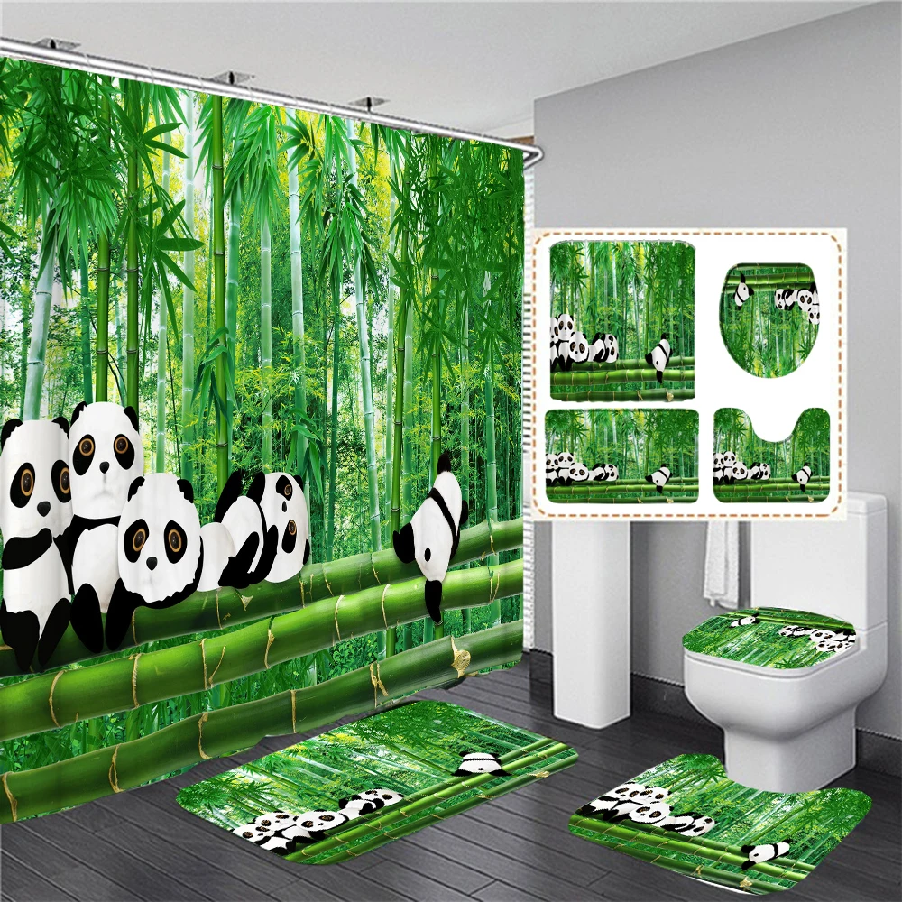 

Animal Panda Printed Shower Curtain Sets Rug Toilet Lid Cover Anti-slip Bath Mat Waterproof Bathroom Curtains With Hooks