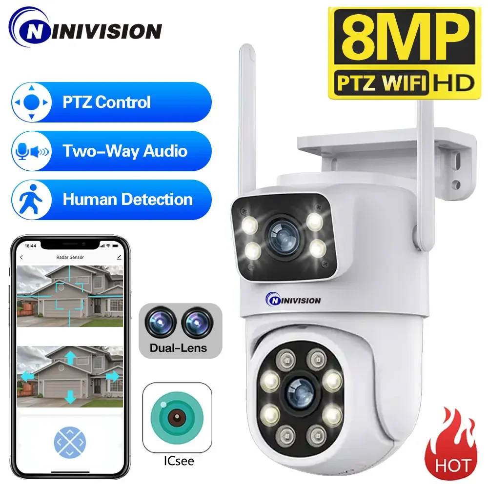 8MP ICSEE Outdoor Dual Lens Camera WiFi Analog Surveillance Human Motion Tracking PTZ Wireless Camera Can Connect 10CH 4K NVR