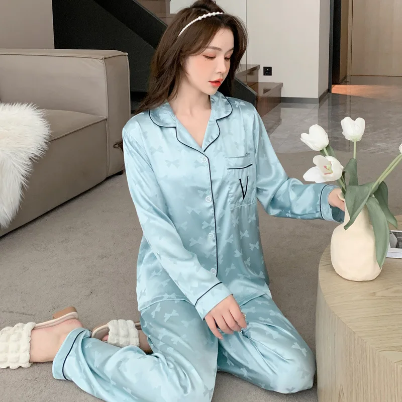 New Women's Pajamas Fashion Luxury Letter Jacquard Lattice Sleepwear Silk  Like Nightwear V-neck Homewear Pyjamas Femme - AliExpress