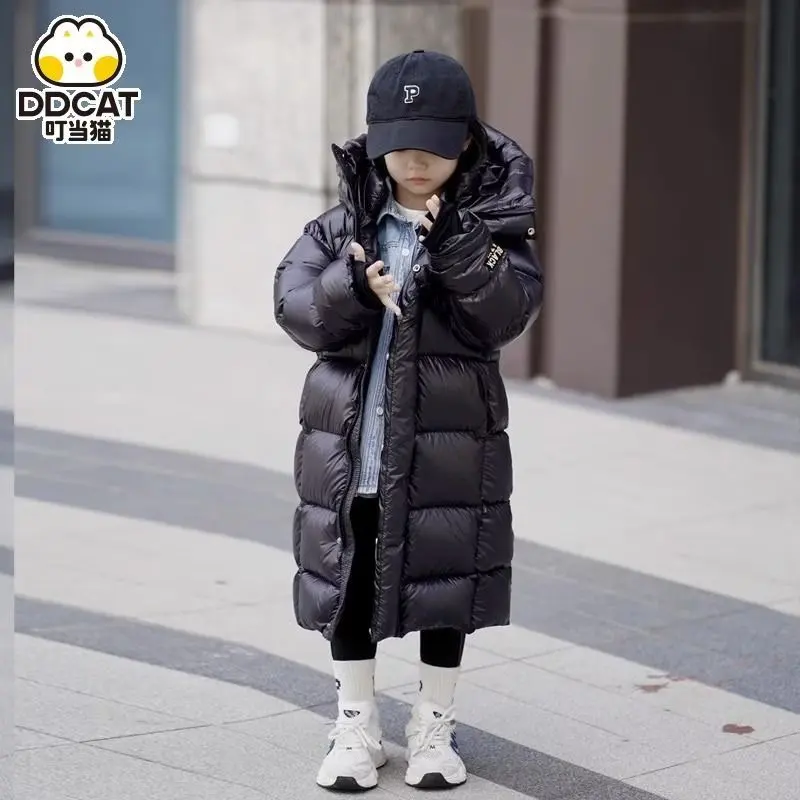 Winter jacket for Boys Girls Long Length Down Jacket Black Thickened Hooded Coat Big Childrens Kids Jacket 6-14
