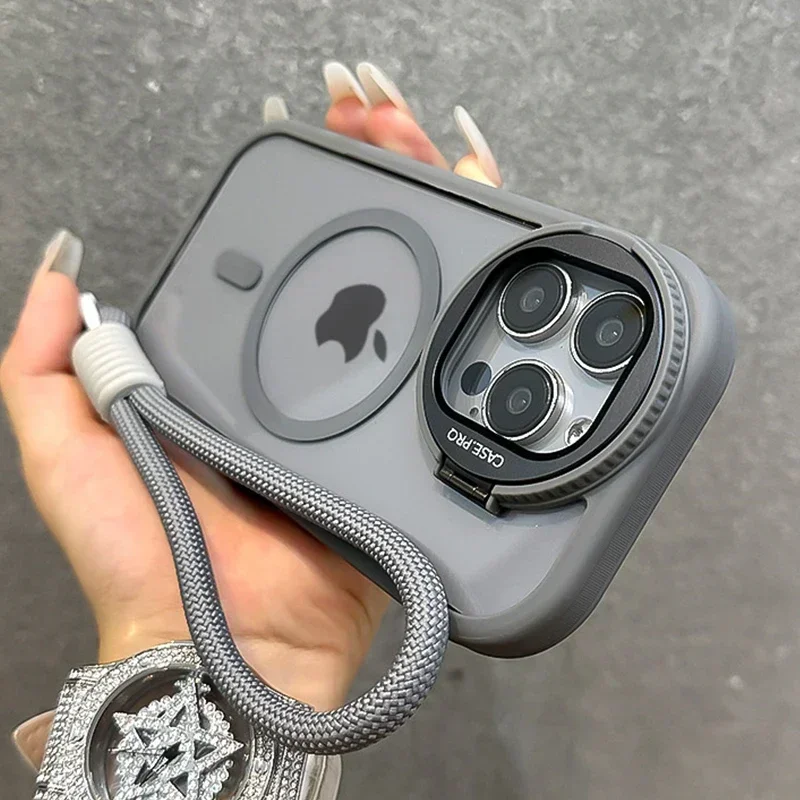 Fold Glass Lens Stand Magnetic Clear Case for iPhone 16 15 14 13 11 12 Pro Max Plus Wrist Strap Cord Shockproof Magsafe Cover