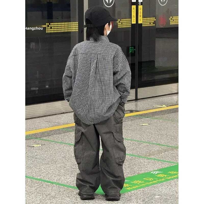 Stylish Plaid Long Sleeve Shirt for Boys Spring Autumn Korean Version Medium And Large Children Fashionable Top