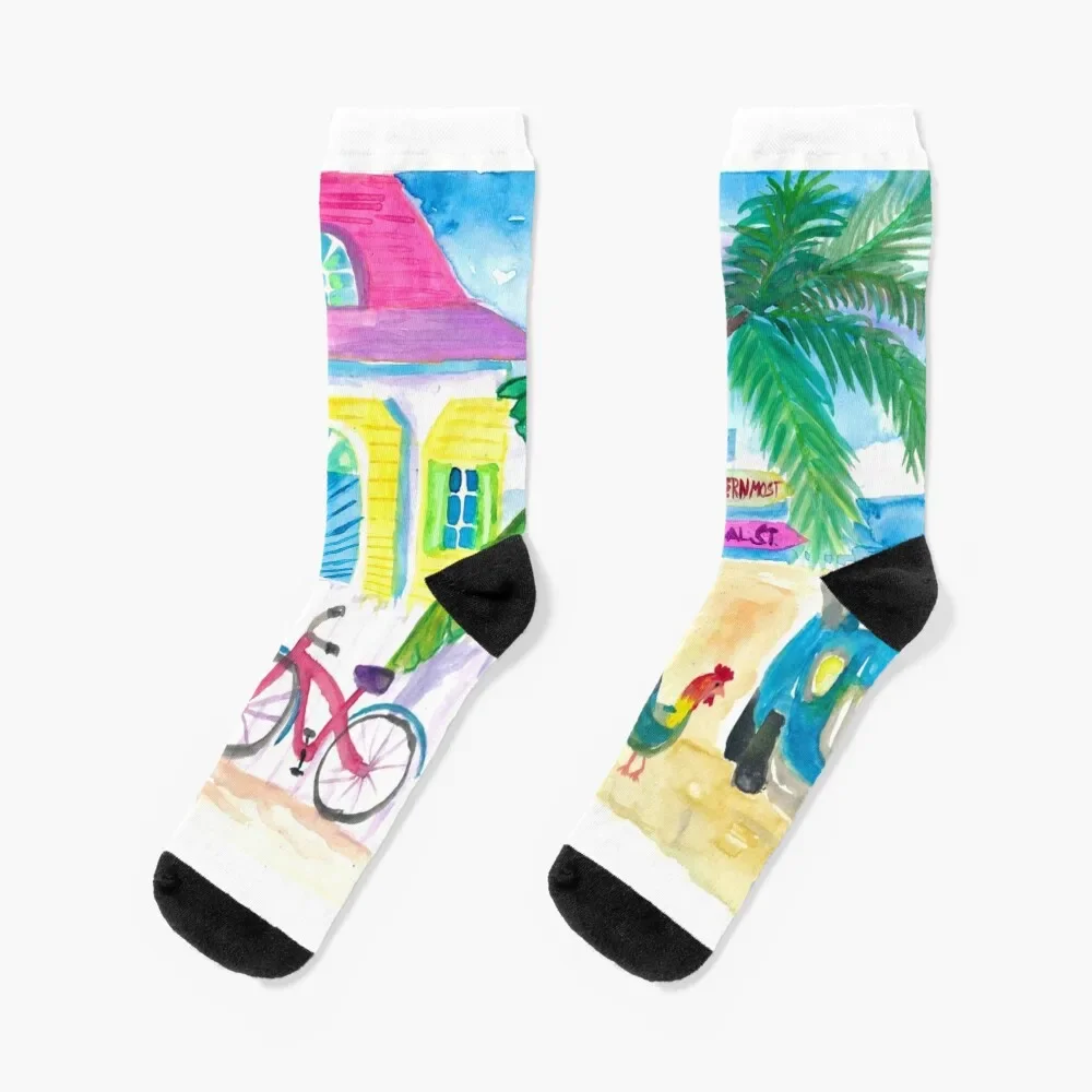 

Yellow Conch House Tropical Street Scene With Bike and Rooster Socks Wholesale ankle gift Boy Socks Women's