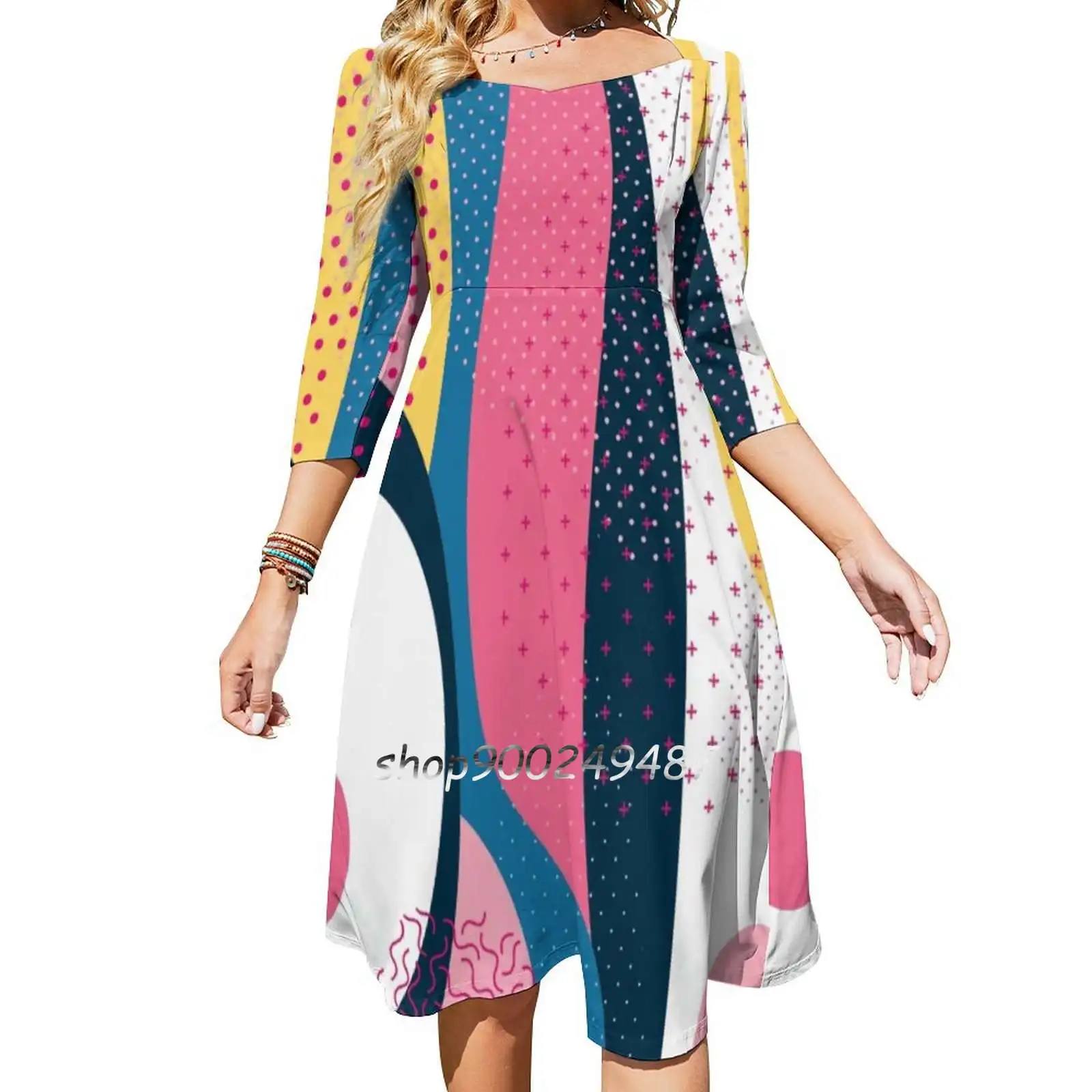 

Abstract Composition #3 Sweet Elegant Dress Women Korean Kawaii Square Collar Dress Abstract Colorful Pattern Pink Yellow Blue