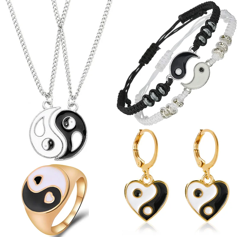 Tai Chi Yin Yang Couple Bracelet Necklace Set Fashion Alloy Pendant Adjustable Braid Chain Bracelets Lover Best Friend Gift bracelet jewelry