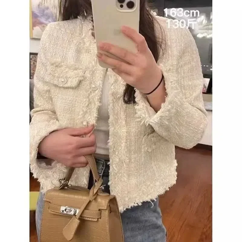 2023 New Fashion Small Fragrance Coat Women's Style Celebrity Round Neck Thick Tweed Light Color Fashion Versatile High end Top