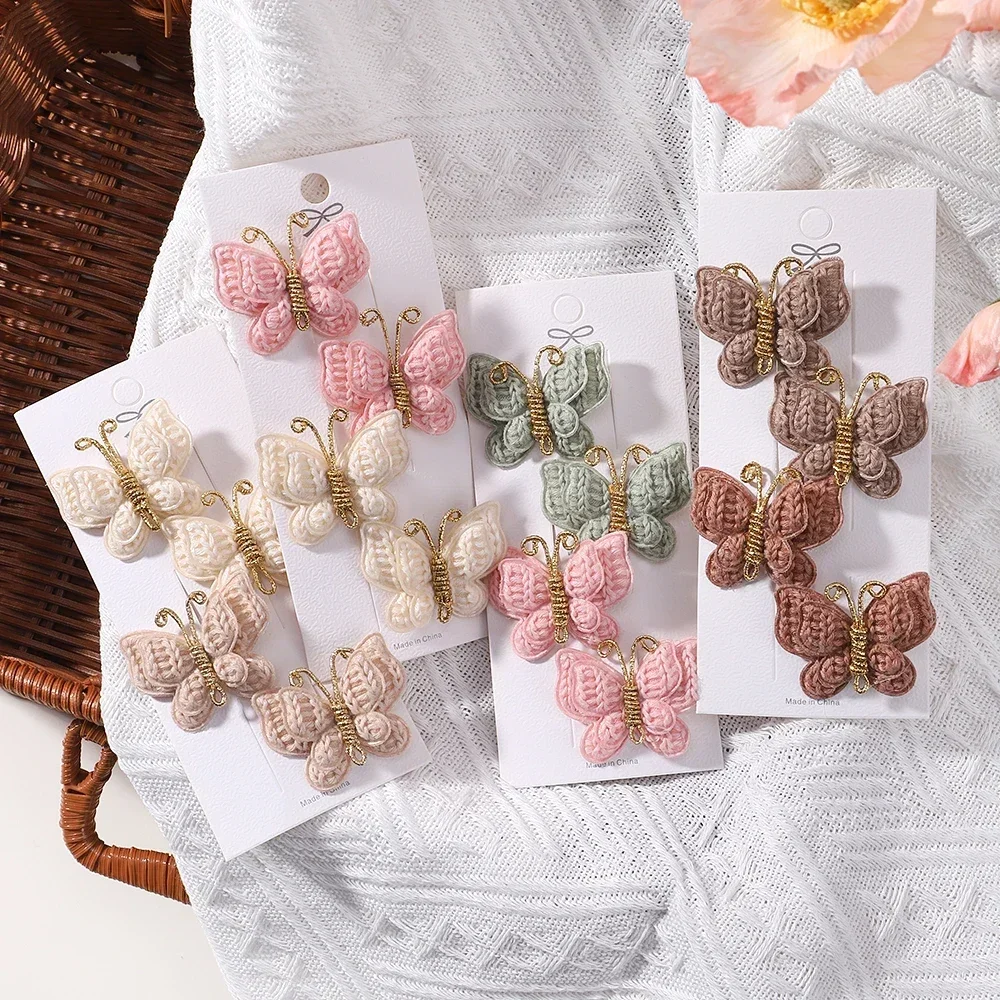 

2/4pcs/set New Cute Baby Girls Wool Knitting Headwear Handmade Crochet Butterfly Alloy Hairs Clips Children Hairpins Wholesale