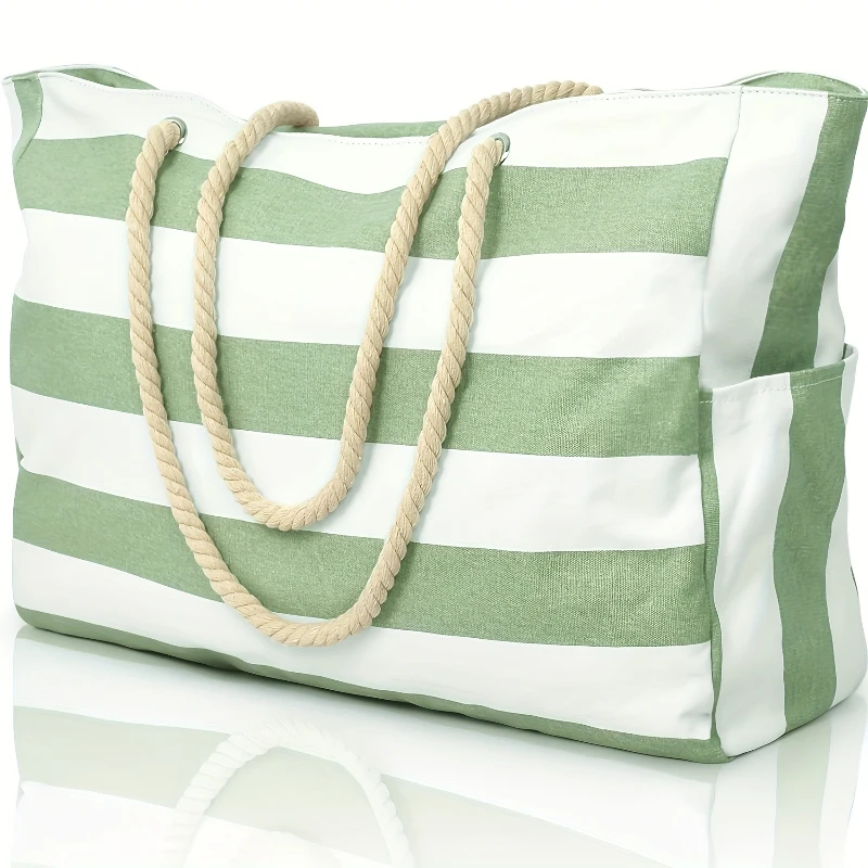 Chic Striped Waterproof Beach Tote with Foldable Design and Ample Storage