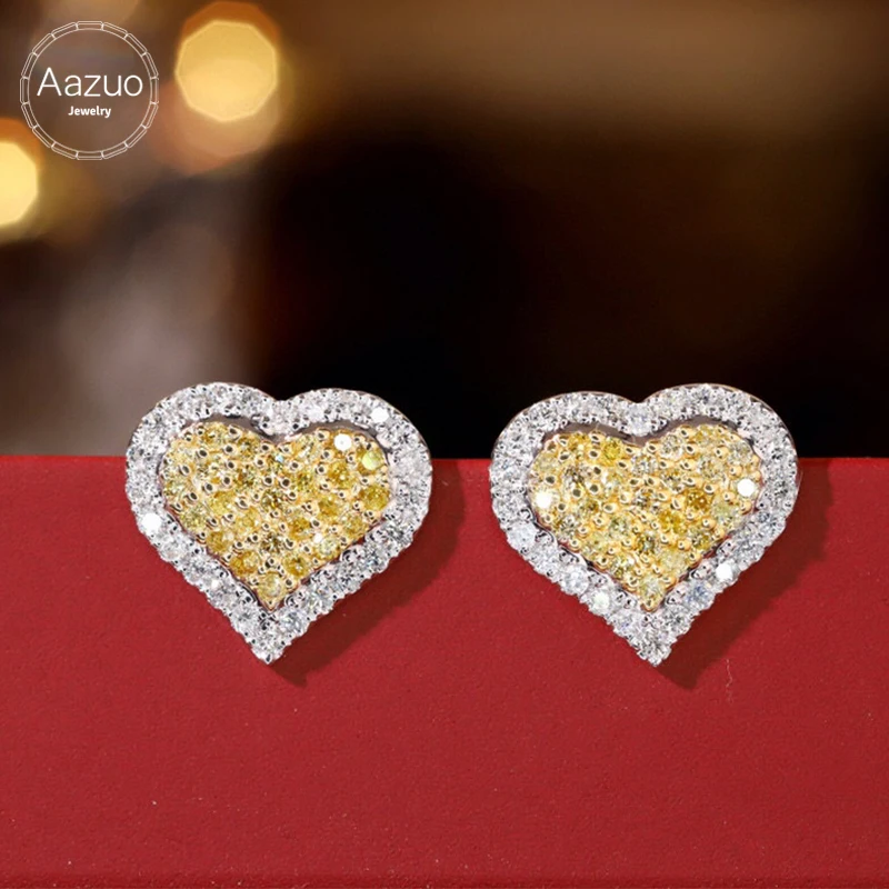 Aazuo 18K High-end Jewelry White&Yellow Diamonds 0.80ct Lovely Heart Stud Earring Gifted For Women Wedding Party Real Gold Au750