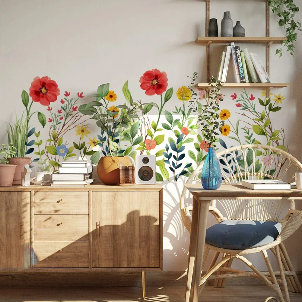 สติ๊กเกอร์ติดผนังลายดอกไม้หญ้าสไตล์ชนบท สำหรับตกแต่งห้องนั่งเล่น ฉากหลัง ภาพจิตรกรรมฝาผนัง ตกแต่งบ้าน ติดตั้งง่ายด้วยกาวในตัว 1