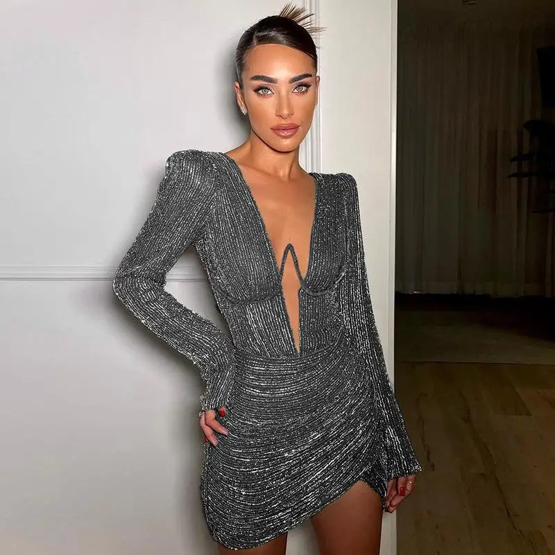 

Deep V-neck Steel Ring Wrap Hip Dress Spring And Summer Women's Spicy Girl Showcase Chest Cushion Shoulder Fold Nightclub Dress