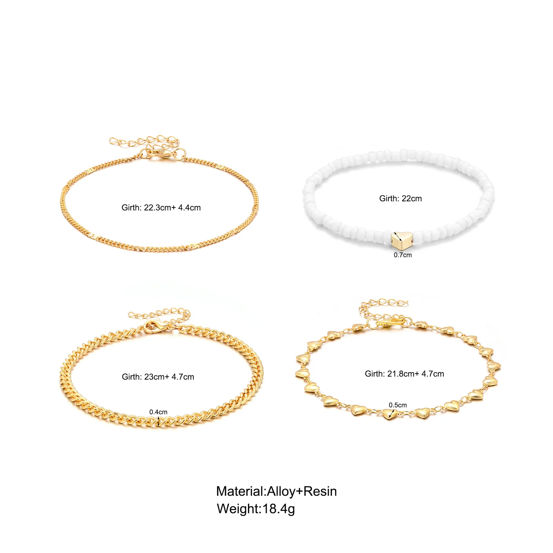 3-4pcs Vintage Gold Color Love Heart Chain Anklet Set for Women Adjustable Beads Beach Vacation Ankle Bracelet on Foot Jewelry