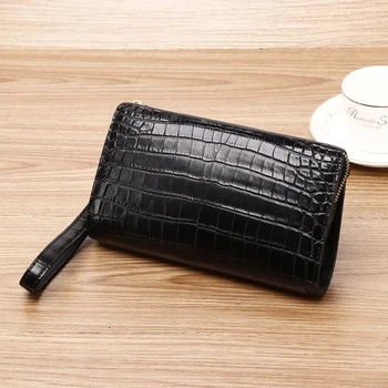 Borsa lunga da uomo in vera pelle con design in osso di alligatore, borsa a mano di grande capacità, borsa per cellulare, portafoglio da uomo