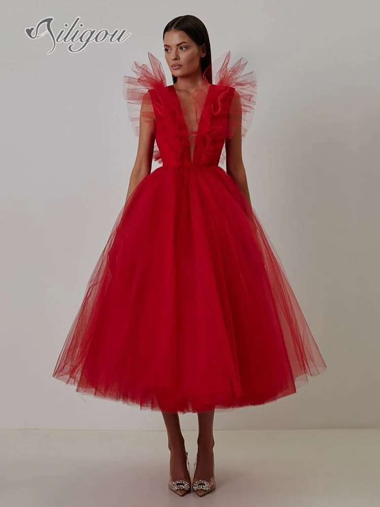 

Ailigou 2023 New Women's Sexy Deep V-Neck Ruffled Tulle Red Sleeveless Backless Pleated Mesh Ruffled Prom A-line Evening Dress