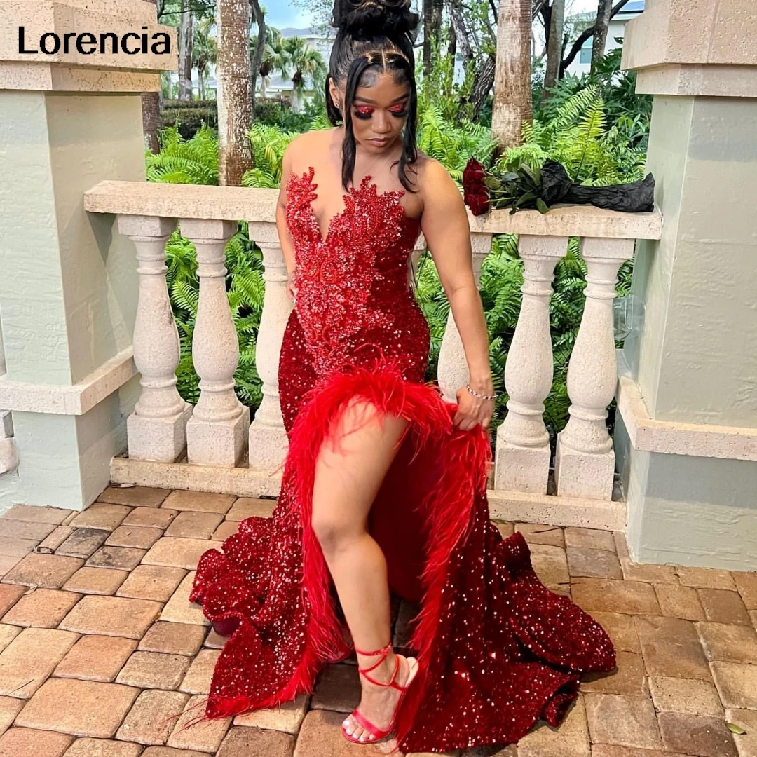 

Lorencia Burgundy Feathers Sequins Ruched Silt Prom Dress 2024 For Black Girls Mermaid Party Gala Gown Vestidos De Festa YPD126