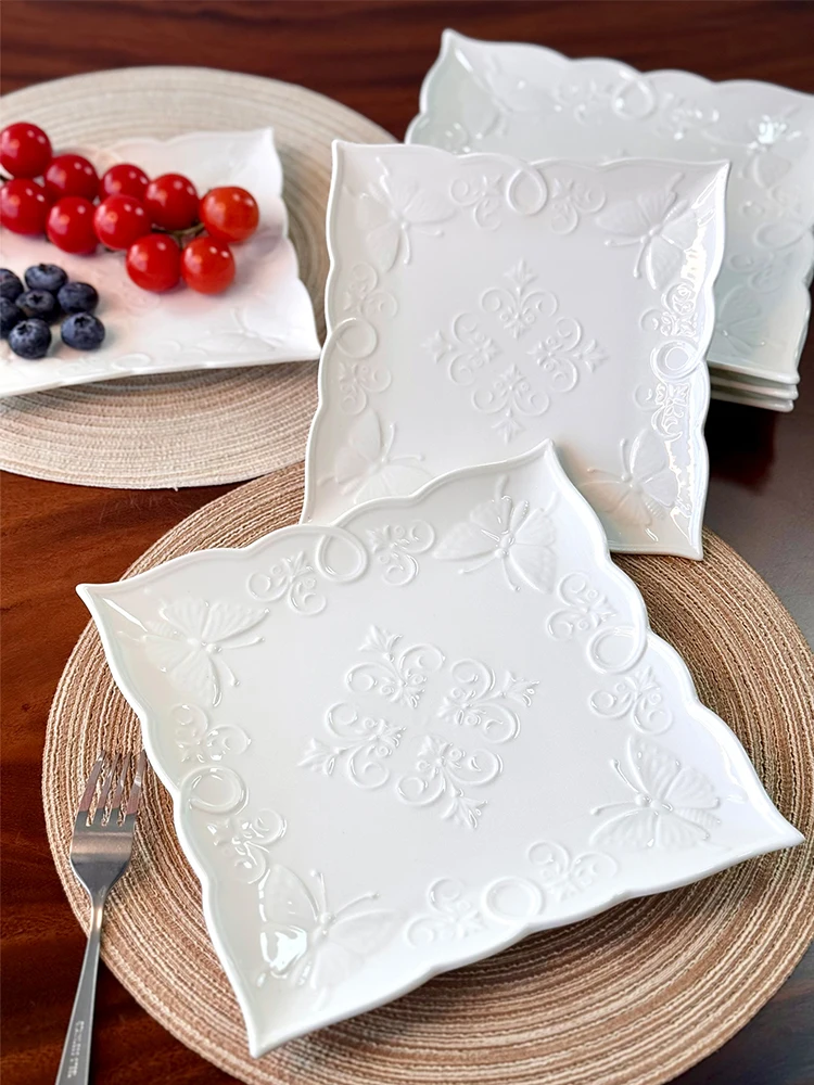 4Pcs Ceramic New Butterfly 8/10 Inch, Square Plate Evening Plate, Elegant Embossed Butterfly Pattern-Household Kitchen Utensil