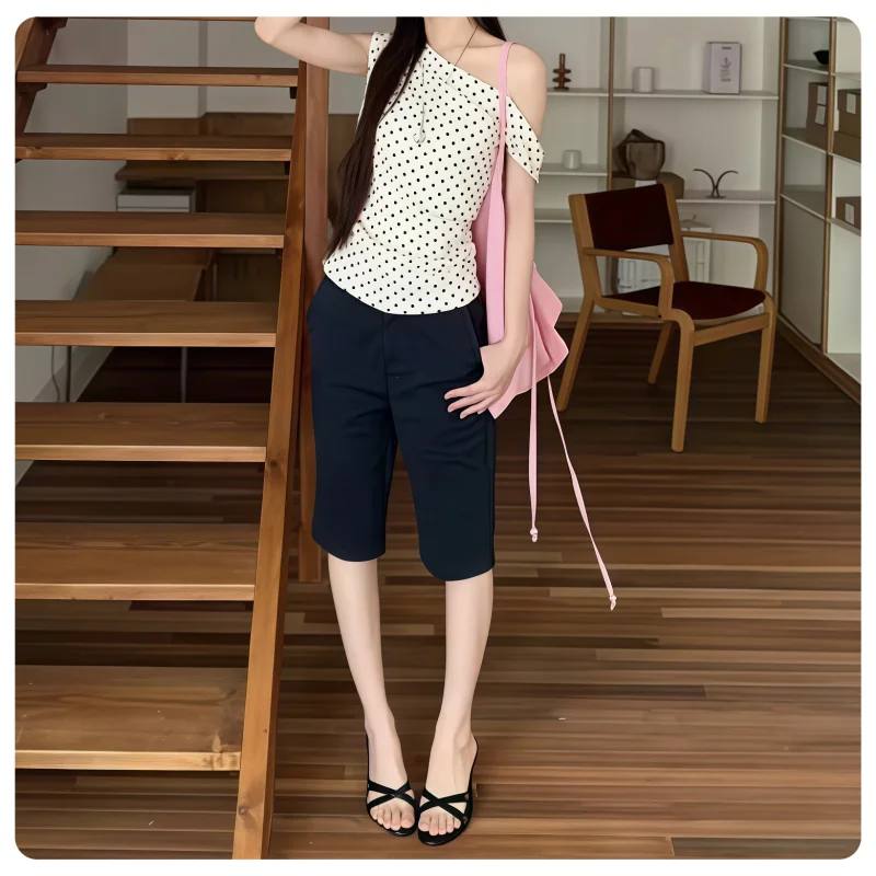 Korean Style Retro Ivory Black Polka Dot Slim Fit Short-Sleeved...