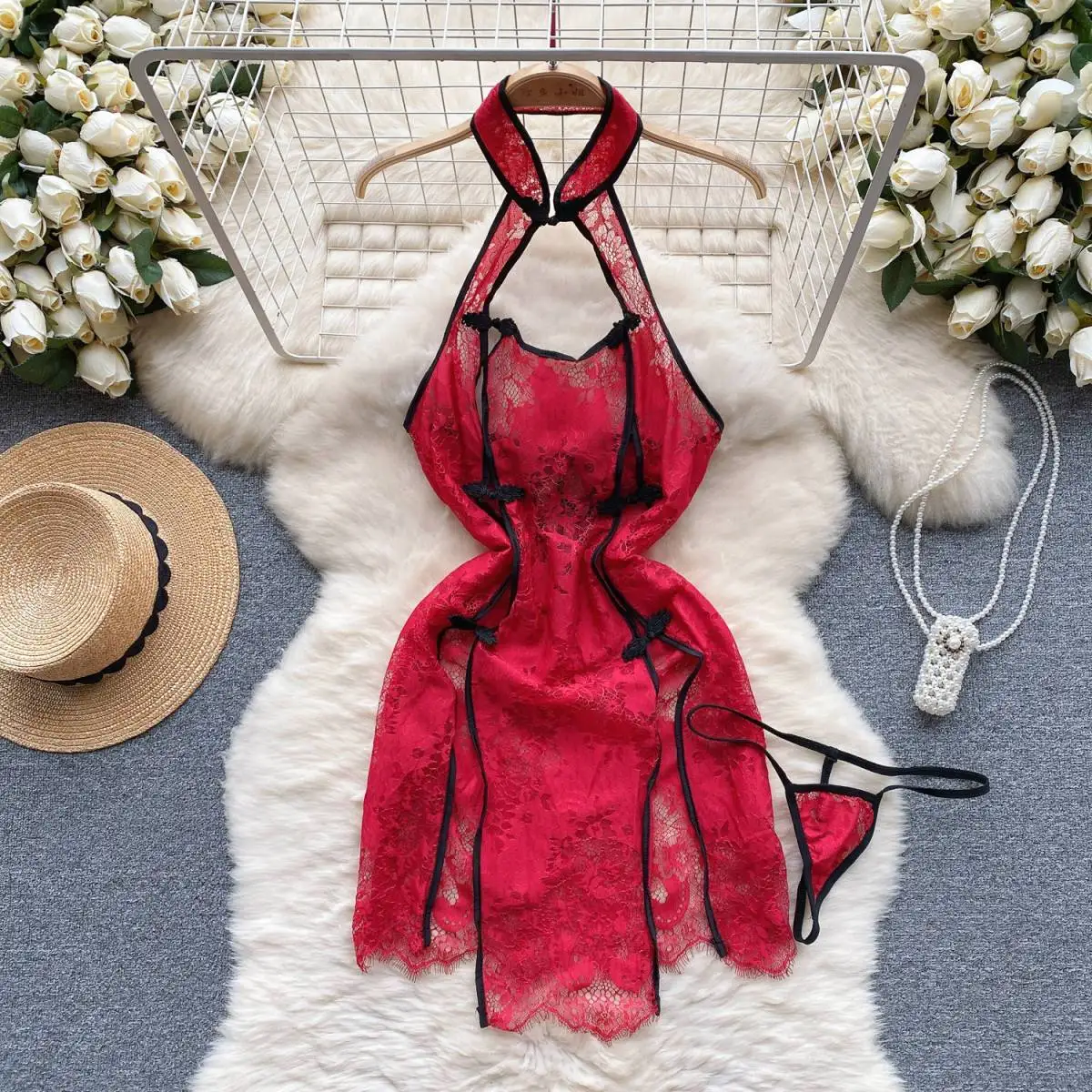 Sexy Halter Neck Lady's Mini Dress Hollow Out Sexy Lace Dress Hot Slit Bodycon Sleep Dress Women's Erotic Lingerie Pajama Dress