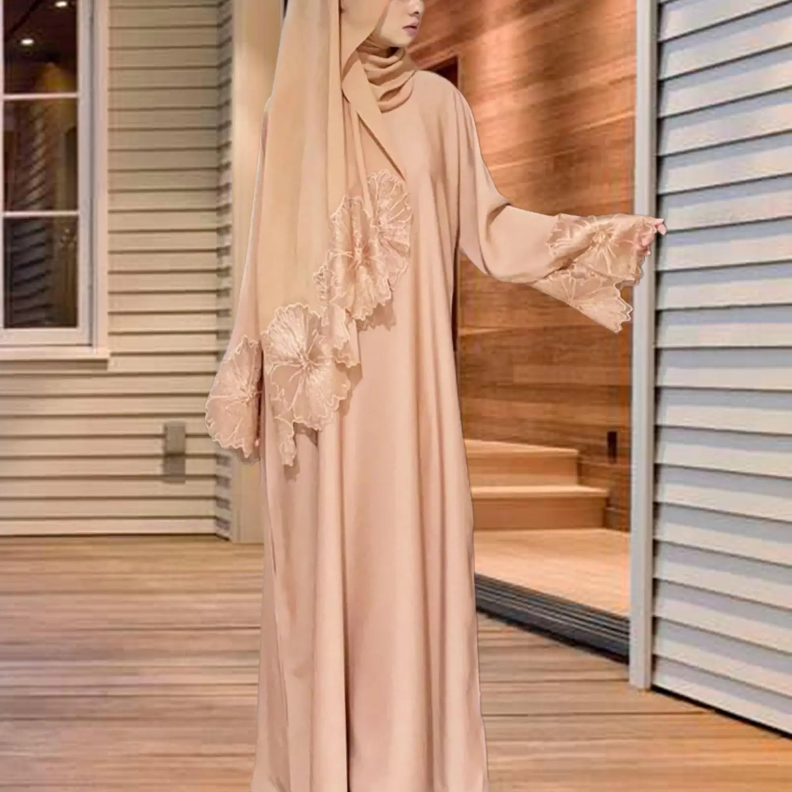 

Muslim Robe Traditional Middle Eastern Clothing Long Sleeves Outfits with Headscarf Kaftan Robe with Hijab Hooded Abaya Dress