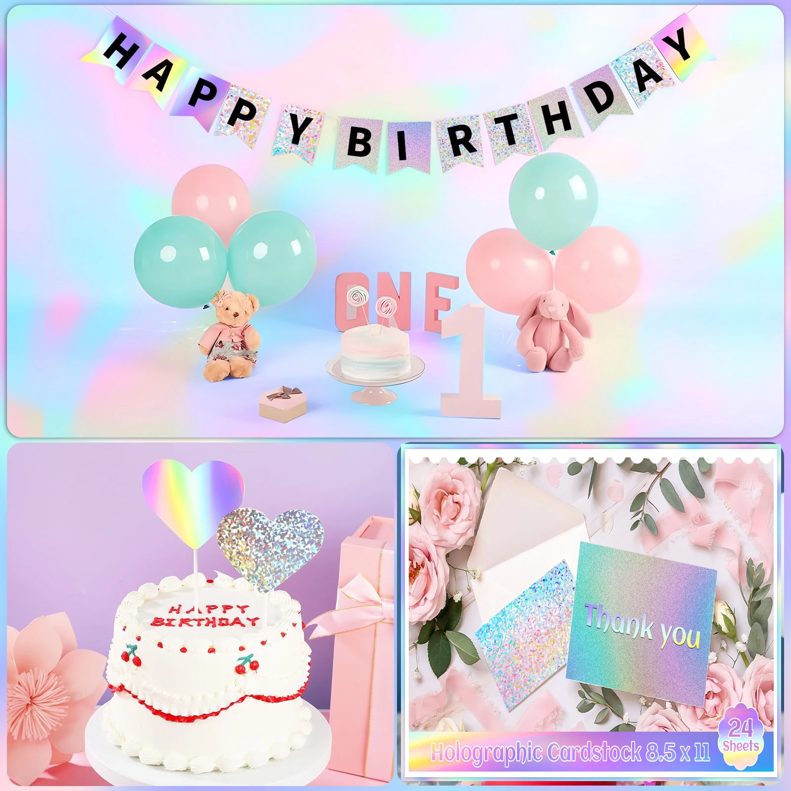 24 Fogli Cartoncino Olografico Metallizzato 250g/m² – 28x21,6 Cm – Iridescente Per Scrapbooking, Biglietti, Fai Da Te (4 Stili)
