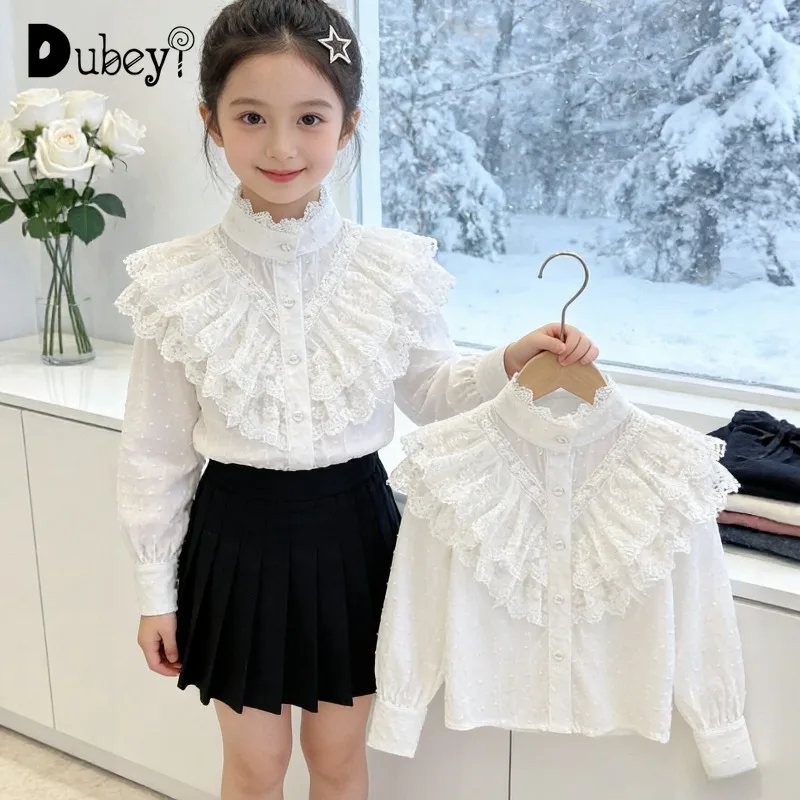 Dubeyi Girls 화이트 블라우스 하이 넥 프릴 레이스 셔츠 키즈 빈티지 유..