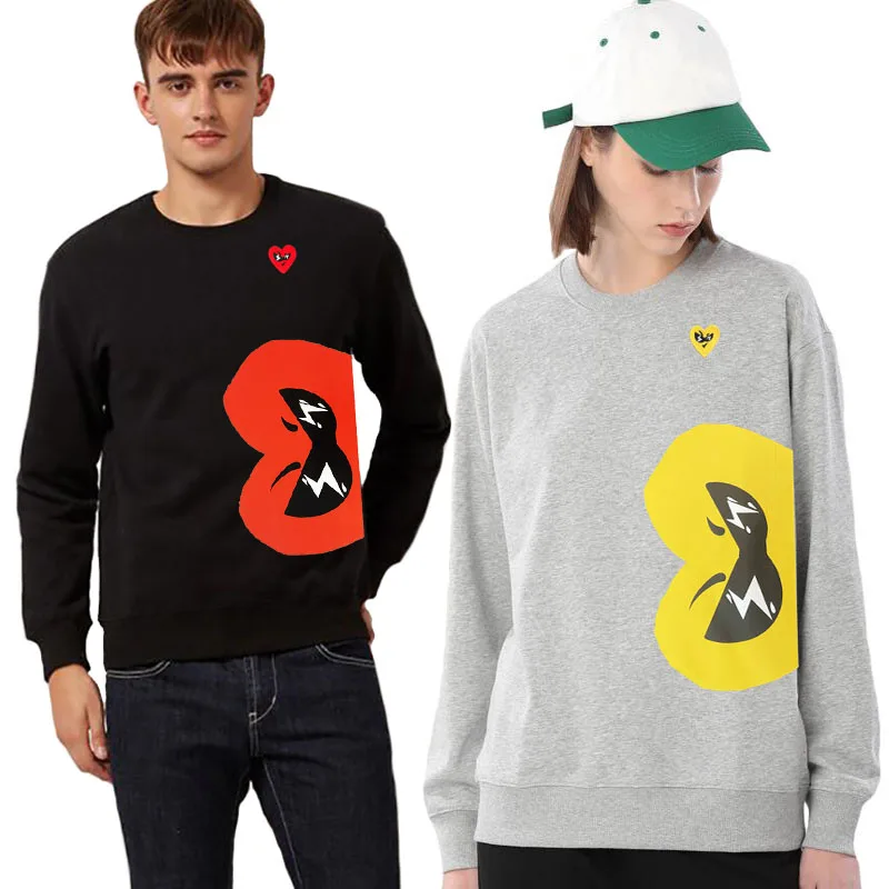 

Men Women Long Sleeved Sweater Heart Embroidery Cartoon Half Love Printing Autumn Winter Cotton O-neck Fleece Sweater