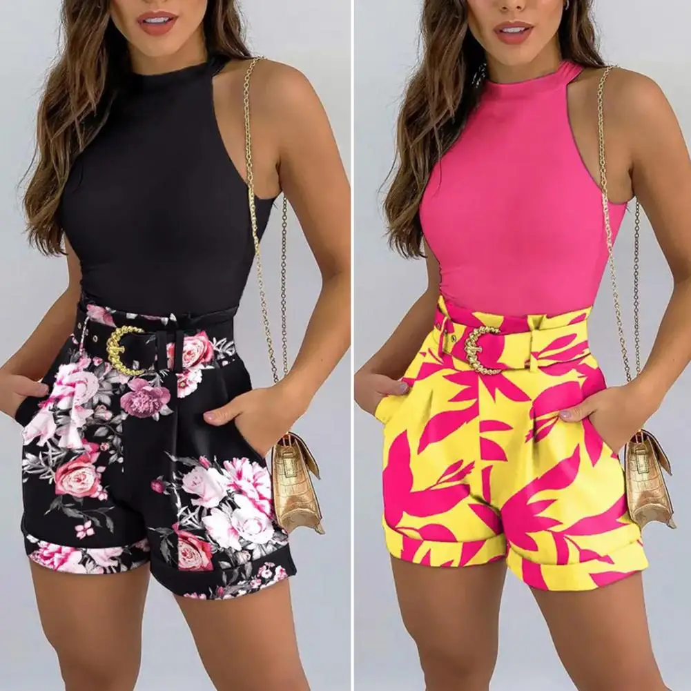

2 Pcs/Set Women Vest Shorts Set Solid Color Top Slim Fit Sleeveless O Neck Elastic Waist Tops Shorts Suit Female Clothes