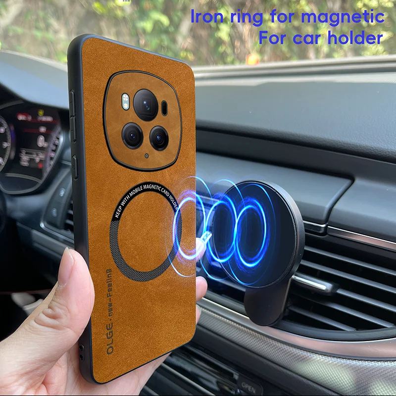 MagSafe Magnetic Car Mount Shockproof Matte Leather Phone Case - Premium Bumper Back Cover