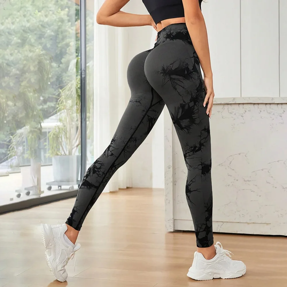 Women Seamless Tie-dye Yoga Pants Women's High-waist Push Up Abdomen Peach Hip Fitness Pants Stretch Sports Workout Leggings