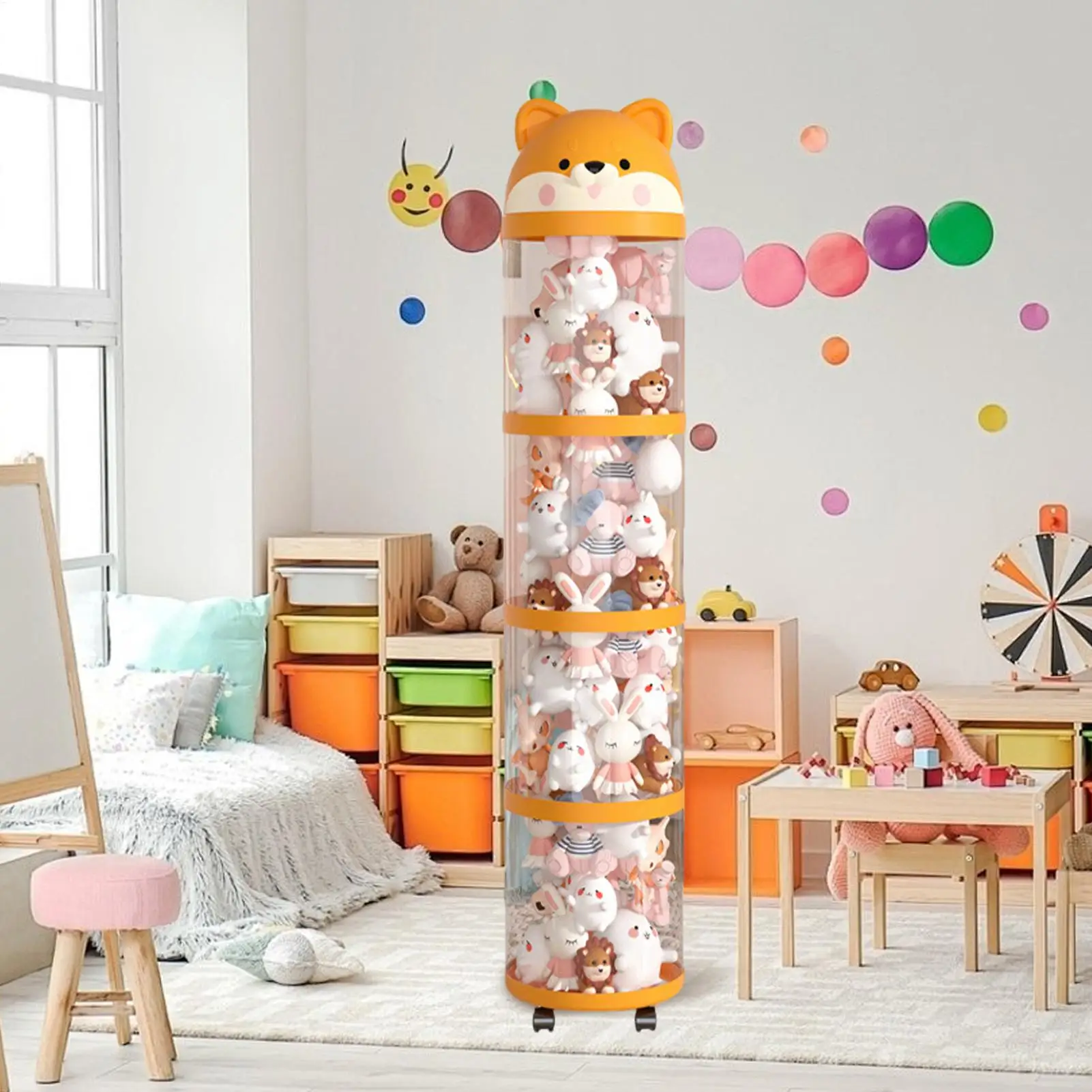 Plush Storage Organizer Toy Tube Stuffed Animal Storage Large Capacity Clear Container with Wheels Stuffy Holder Cute Room Decor