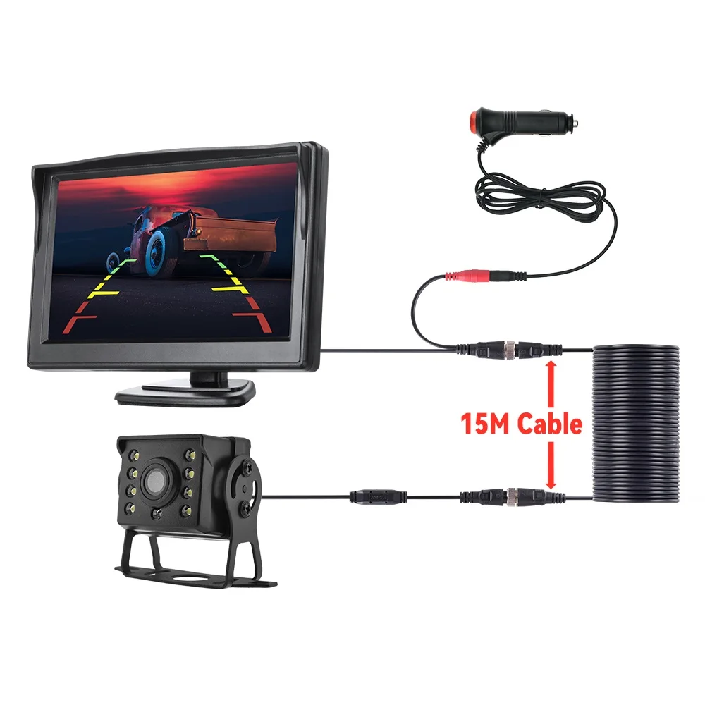 Hikity Kit Telecamera Retromarcia Wireless 7 Monitor LCD Auto e 2 Telecamera Posteriore,BSD, Impermeabile IP67, Visione Notturna per Camper Caravan LKW BUS con Caricatore per Auto
