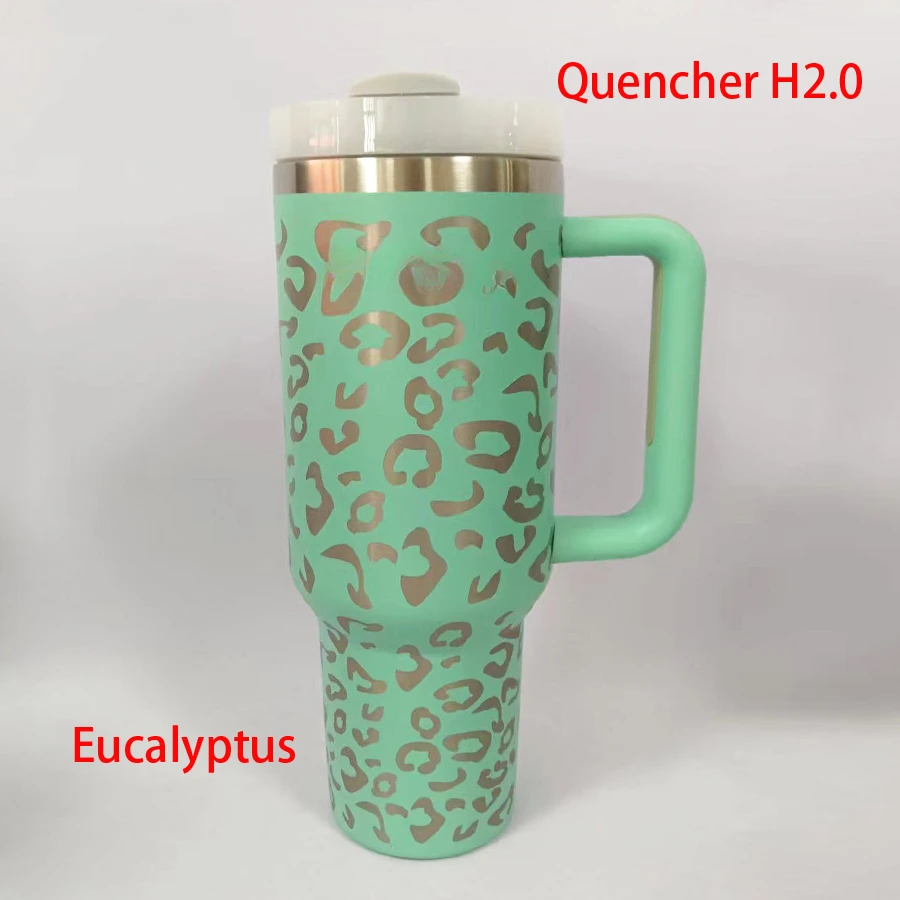 40 oz Tumbler with handle Eucalyptus Leopard