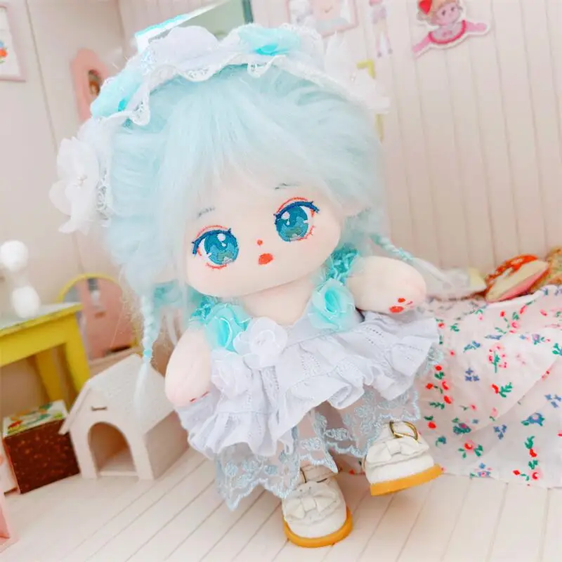 20cm Kawaii Blue Hair Girls Plush Doll Cute Blue Flower Dress Suit 2Pcs DIY Clothes Accessory Anime Stuffed Cotton Dolls Toys