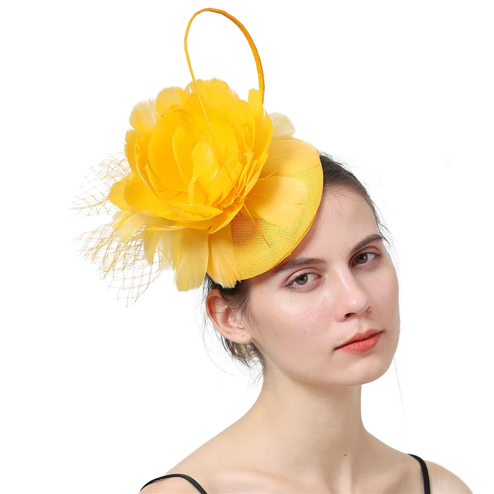 

Yellow Feather Sinamay Millinery Hair Accessories Women Veil Fascinator Hat Derby Event Wedding Headwear Party Church Headpiece