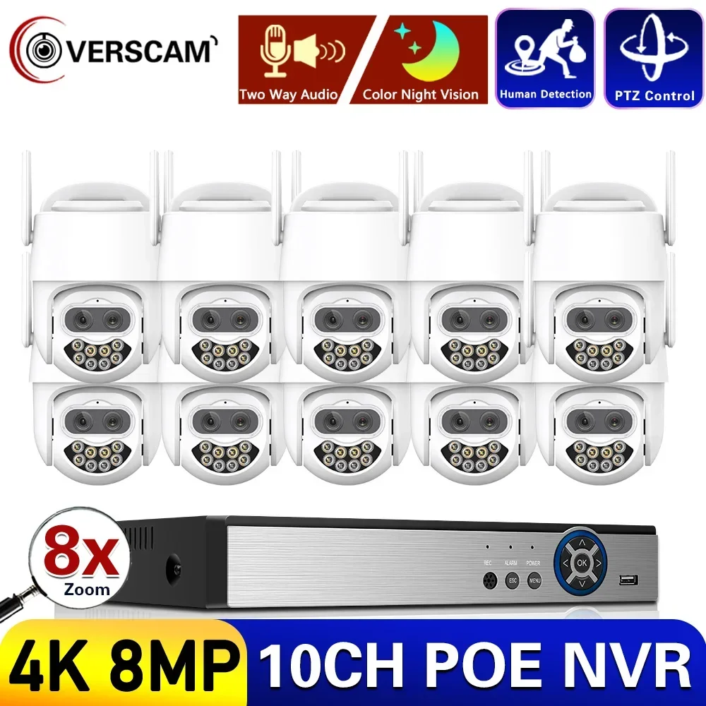 10Ch 4K Ultra Hd Cctv Network Video Security System 8Mp Poe Nvr Con 4K Auto Tracking Audio Bidirezionale Wifi Ptz Ip Camera Set Kit