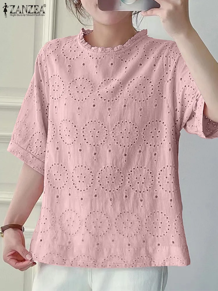 

ZANZEA Women Cotton Blouse 2024 Summer Half Sleeve Embroidery Shirt Tops Elegant Ruffles Round Neck Tunic Casual Loose Blusas