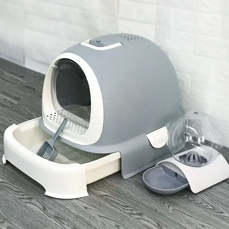 반려동물 자체 청소 고양이 침대 팬 액세서리, 완전 폐쇄 대형 고양이 쓰레기 서랍 변기, 튀김 방지 쓰레기 트레이 박스 탈취제