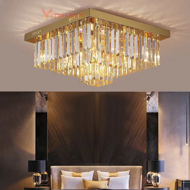 Cristal LED luzes de teto, lâmpadas modernas, lustre quadrado ouro, sala de estar, jantar e quarto, luminárias LED, shopping e loja, K9