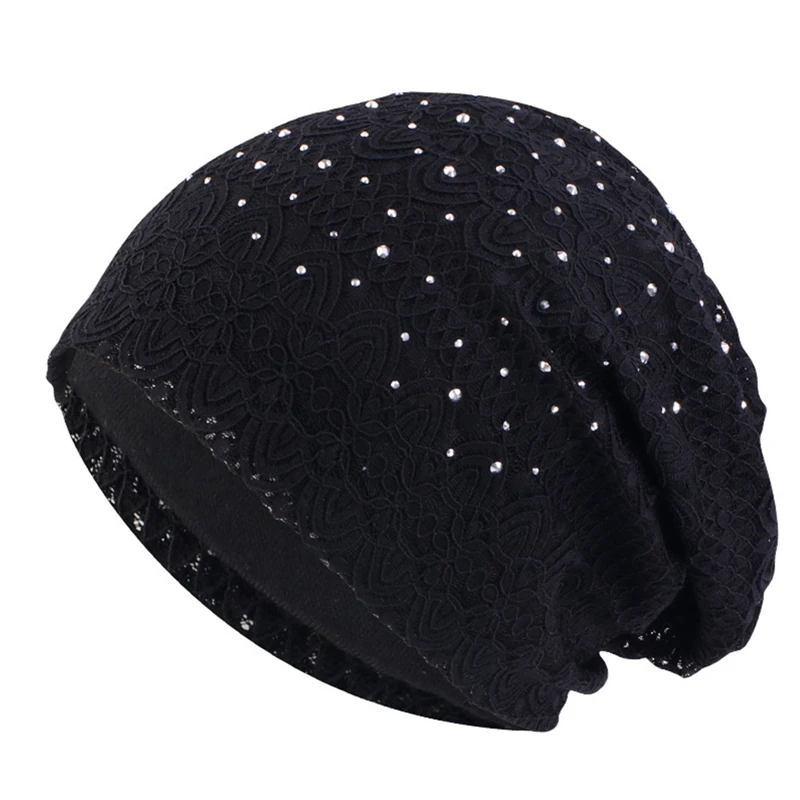 Women Elastic Turban Muslim Lace Rhinestone Hijab Islam Sleep Night Caps Chemo Pullover Hat Ladies Scarf Headwrap Baggy Beanies 4