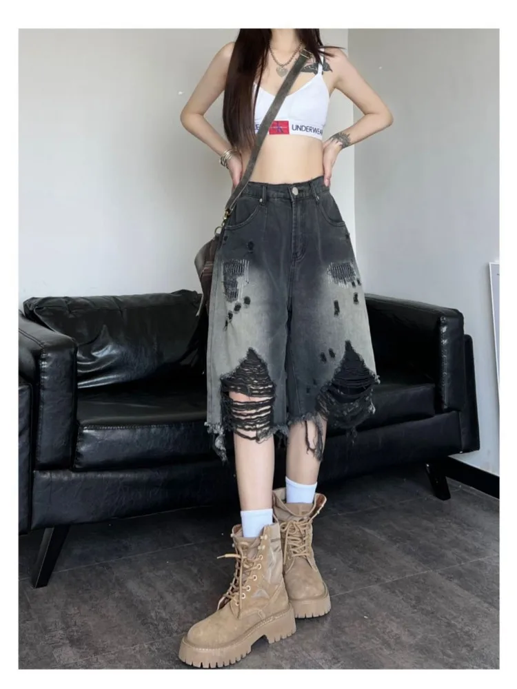

Hip Hop Ripped Denim Capris For Women New Summer Fashion Trend Distressed Straight Leg High Waist Loose Fit And Slimming Effect